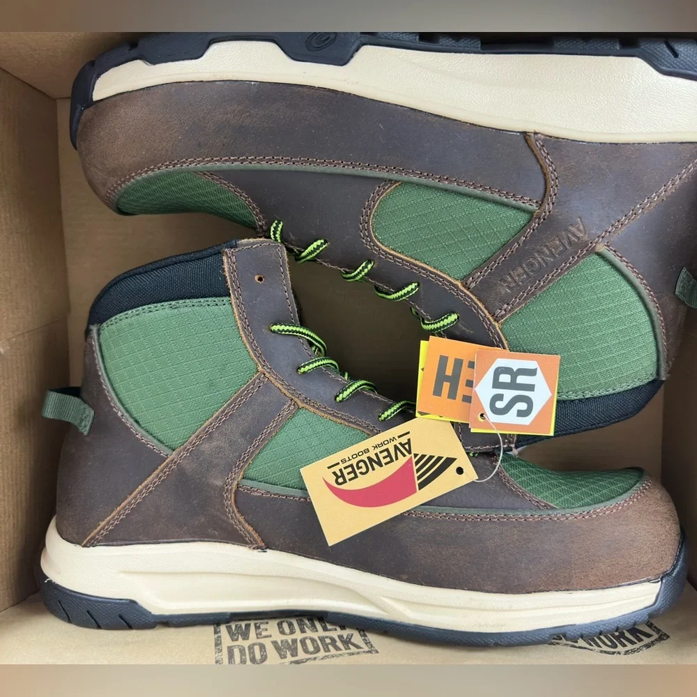 Avenger Work Boot - Edge Mid Brown/Green Metal Free Carbon Safety Toe US 10 1/2M